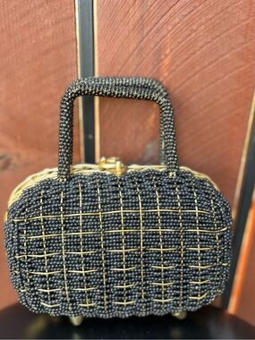 Vintage walborg beaded black and gold metal purse